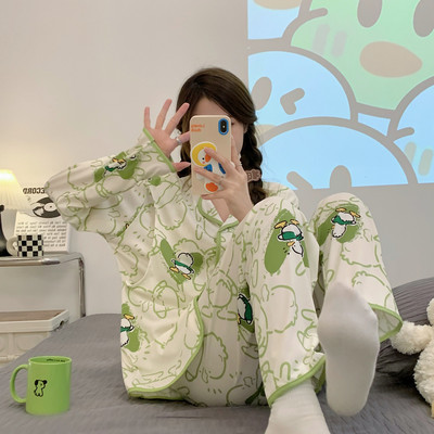 Terhes nők szülés után szoptató pamut pizsama szett őszi, hosszú ujjú Peter Pan gallérral szoptató ing + hosszú nadrág ikerkészlet