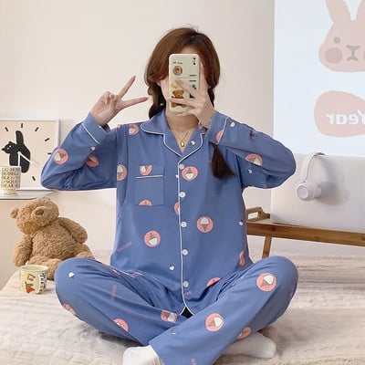 Terhes nők szülés után szoptató pamut pizsama szett őszi, hosszú ujjú Peter Pan gallérral szoptató ing + hosszú nadrág ikerkészlet