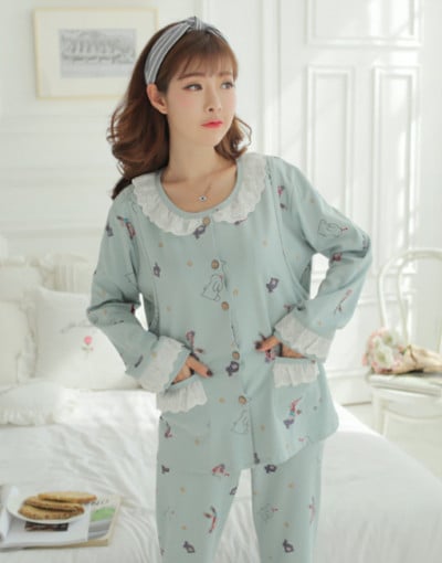 Terhes nők szülés után szoptató pamut pizsama szett őszi, hosszú ujjú Peter Pan gallérral szoptató ing + hosszú nadrág ikerkészlet