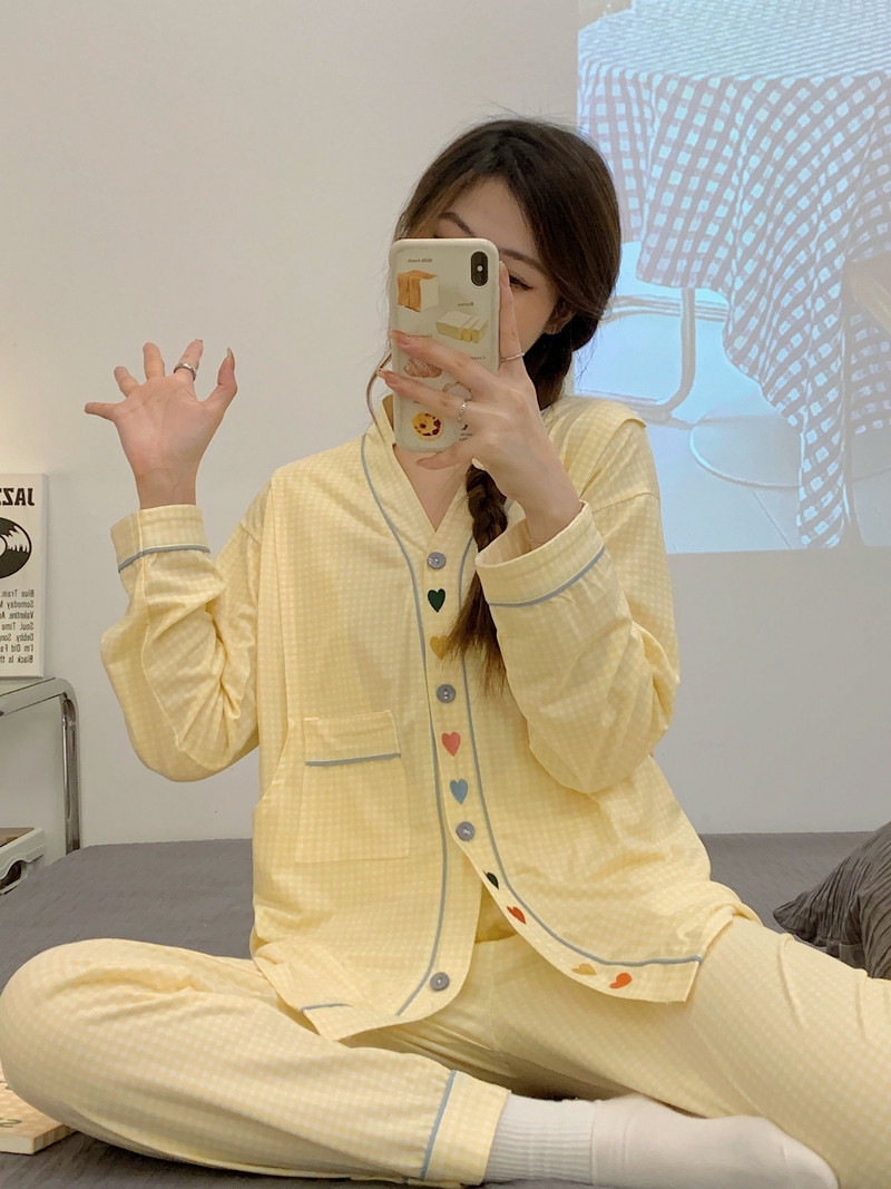 Terhes nők szülés után szoptató pamut pizsama szett őszi, hosszú ujjú Peter Pan gallérral szoptató ing + hosszú nadrág ikerkészlet