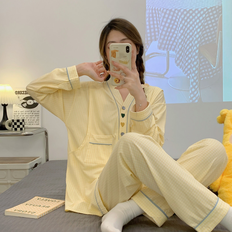 Terhes nők szülés után szoptató pamut pizsama szett őszi, hosszú ujjú Peter Pan gallérral szoptató ing + hosszú nadrág ikerkészlet