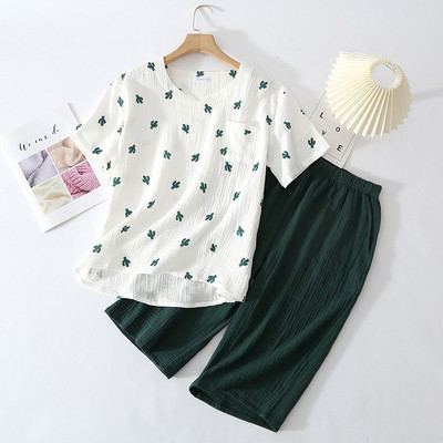 Υπέροχο μοτίβο κοντό μανίκι παντελόνι μέχρι τη γάμπα Νυχτικά Βαμβακερές γυναικείες πιτζάμες σετ Cactus print Σετ εσώρουχα με V λαιμόκοψη