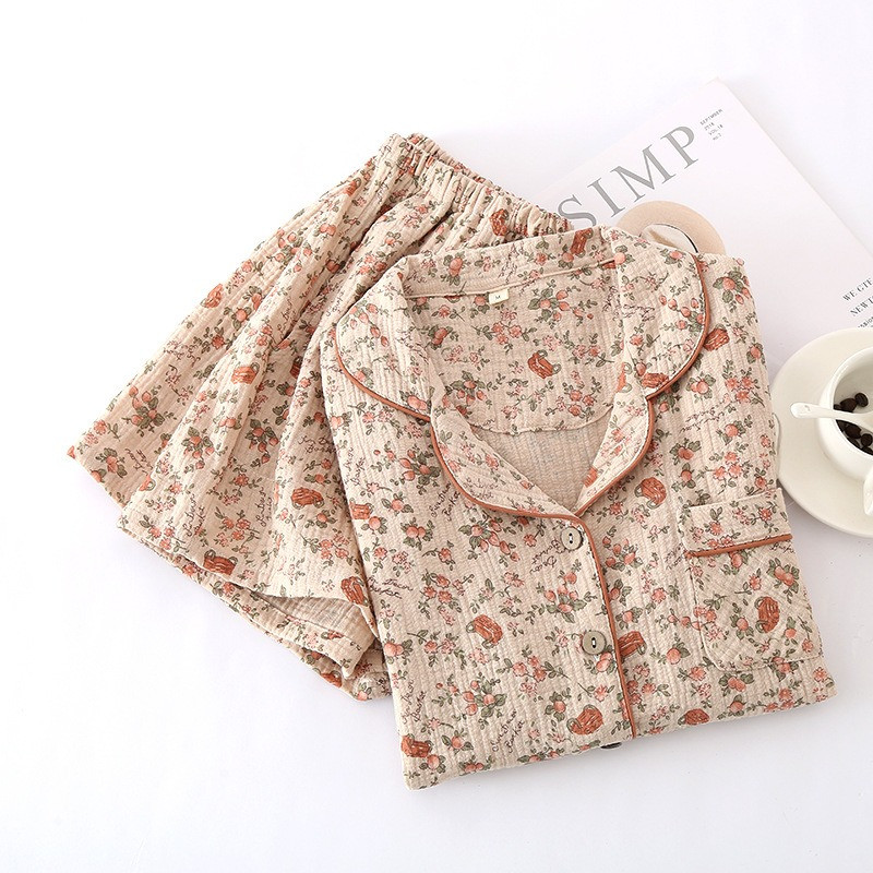 Suvine uus naiste pidžaamakomplekt 100% puuvillane krepp lühikeste varrukatega lühikesed püksid, kaheosalised roosiaia lahtised koduriiete komplekt, magamisriided pidžaamad