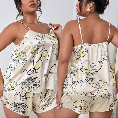 Μεγάλο μέγεθος XL-5XL λουράκι Cami & σορτς Γυναικεία Σατέν Σετ ύπνου δύο τεμαχίων Print Flower Ρούχα Σπίτι Σαλόνι Φορέστε Νυχτικό