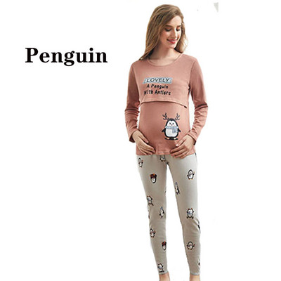 Γυναικεία Πυζόνια εγκυμοσύνης Βαμβακερό μπλουζάκι θηλασμού +Ρυθμιζόμενο παντελόνι έγκυο johns σετ πιτζάμες Νυχτικό Ρούχα