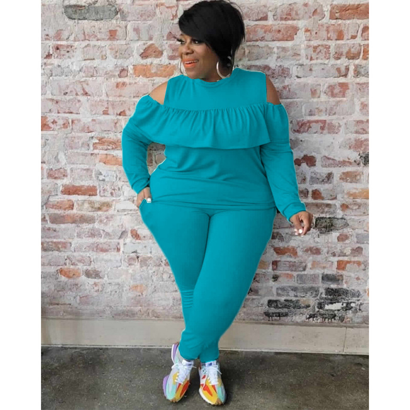 L-4XL vabaaja komplekt Keha lekke õlg ühevärviline plusssuuruses naisteriided kõrge vöökohaga pendelülikonna hulgikaubandus