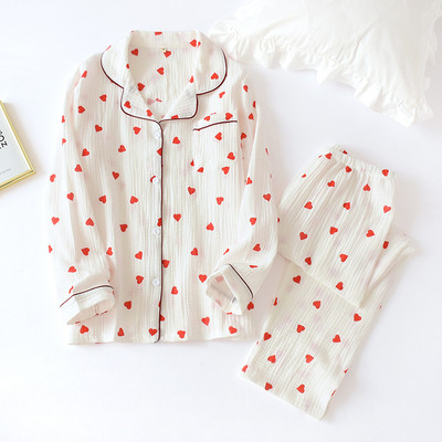 2023 Lenjerie de dormit din bumbac pijamale coreeane femei toamnă drăguț inimă imprimeu pijama pijama cu mânecă lungă set feminin costum cardigan neglij