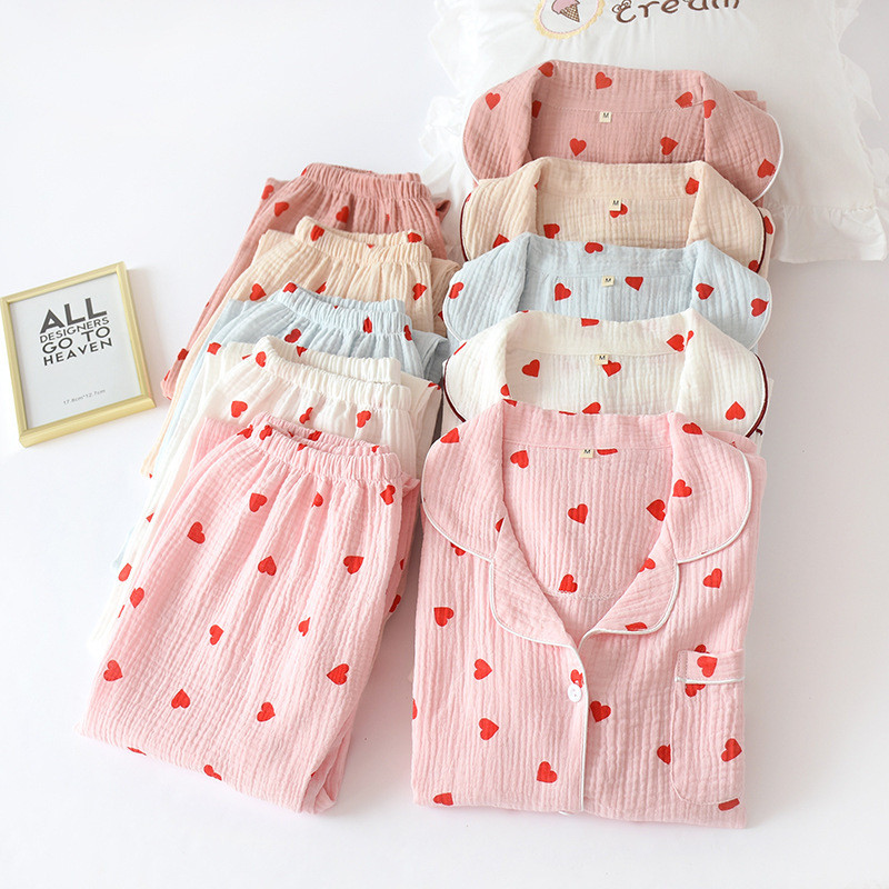 2023 Lenjerie de dormit din bumbac pijamale coreeane femei toamnă drăguț inimă imprimeu pijama pijama cu mânecă lungă set feminin costum cardigan neglij