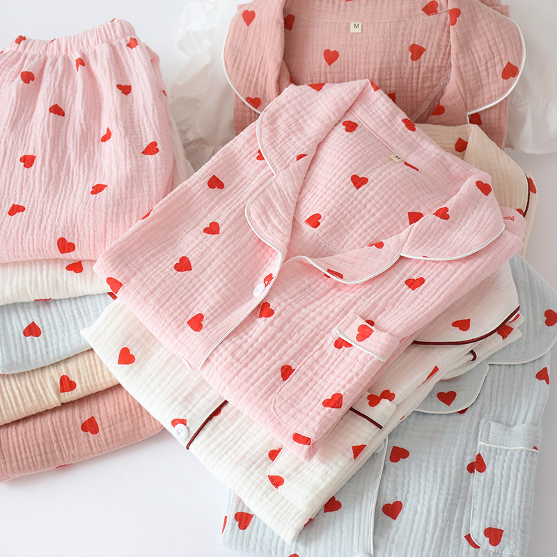 2023 Lenjerie de dormit din bumbac pijamale coreeane femei toamnă drăguț inimă imprimeu pijama pijama cu mânecă lungă set feminin costum cardigan neglij