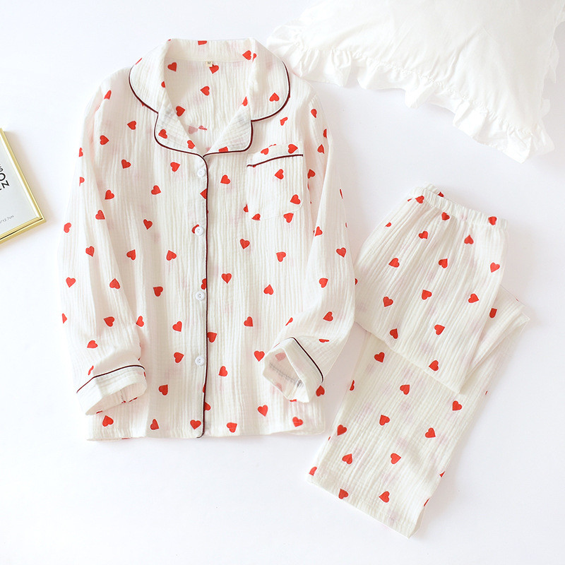 2023 Lenjerie de dormit din bumbac pijamale coreeane femei toamnă drăguț inimă imprimeu pijama pijama cu mânecă lungă set feminin costum cardigan neglij