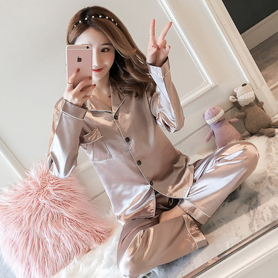 Seturi de pijamale din mătase satinată pentru femei, pentru adulți, primăvară, toamnă, imitație de flori de mătase, îmbrăcăminte de noapte, cămașă și pantaloni cu mânecă lungă, cu decolteu în V