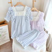 Καρό Σετ Πυτζάμες Χαριτωμένα Πυτζάμες Γυναικείες Μαλακές Πυτζάμες Γυναικεία μόδα κοντομάνικο σορτς Πριγκίπισσα δαντέλα σπίτι μεγάλο μέγεθος