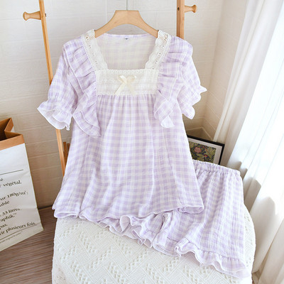 Καρό Σετ Πυτζάμες Χαριτωμένα Πυτζάμες Γυναικείες Μαλακές Πυτζάμες Γυναικεία μόδα κοντομάνικο σορτς Πριγκίπισσα δαντέλα σπίτι μεγάλο μέγεθος