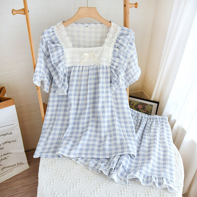 Καρό Σετ Πυτζάμες Χαριτωμένα Πυτζάμες Γυναικείες Μαλακές Πυτζάμες Γυναικεία μόδα κοντομάνικο σορτς Πριγκίπισσα δαντέλα σπίτι μεγάλο μέγεθος