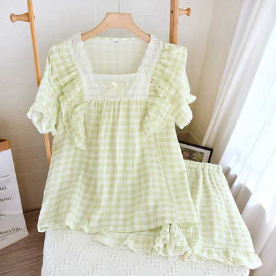 Καρό Σετ Πυτζάμες Χαριτωμένα Πυτζάμες Γυναικείες Μαλακές Πυτζάμες Γυναικεία μόδα κοντομάνικο σορτς Πριγκίπισσα δαντέλα σπίτι μεγάλο μέγεθος