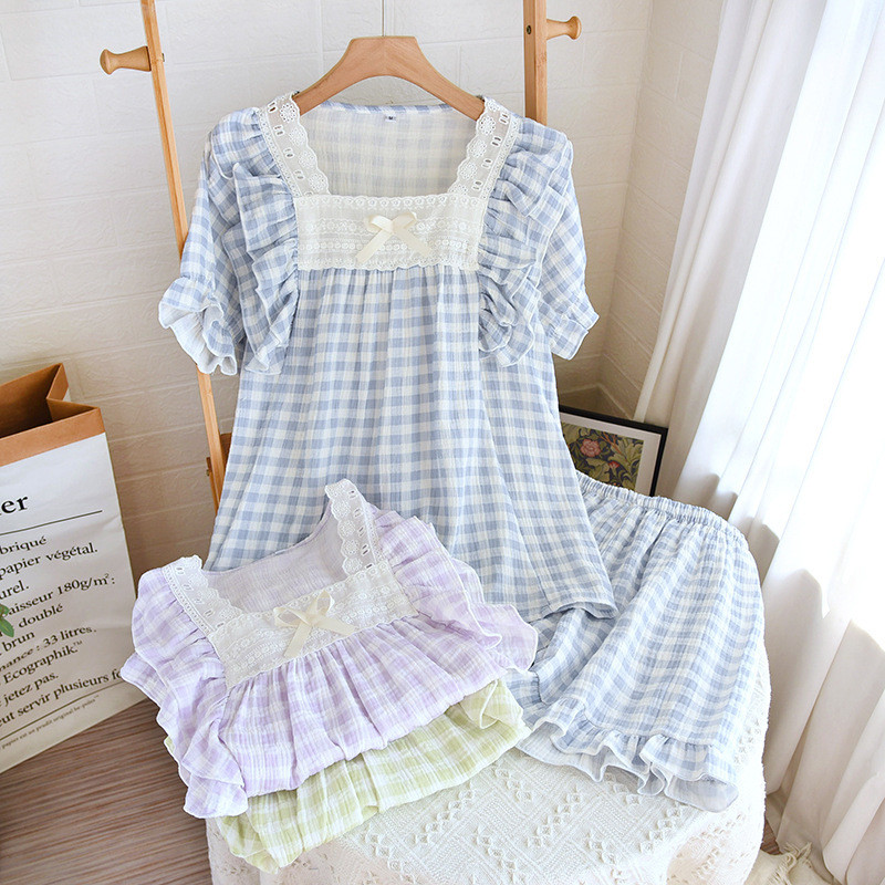 Καρό Σετ Πυτζάμες Χαριτωμένα Πυτζάμες Γυναικείες Μαλακές Πυτζάμες Γυναικεία μόδα κοντομάνικο σορτς Πριγκίπισσα δαντέλα σπίτι μεγάλο μέγεθος