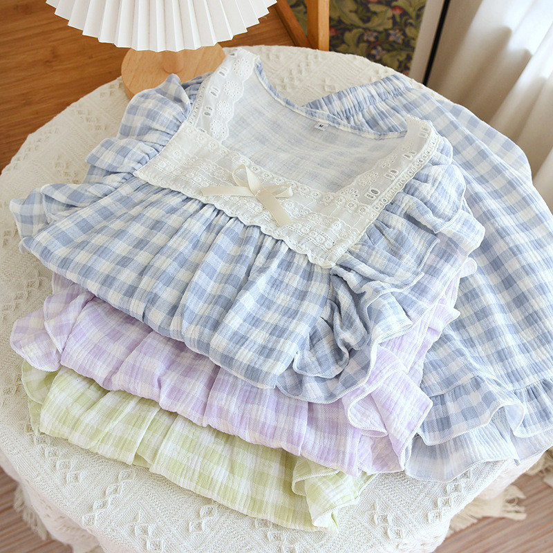 Καρό Σετ Πυτζάμες Χαριτωμένα Πυτζάμες Γυναικείες Μαλακές Πυτζάμες Γυναικεία μόδα κοντομάνικο σορτς Πριγκίπισσα δαντέλα σπίτι μεγάλο μέγεθος