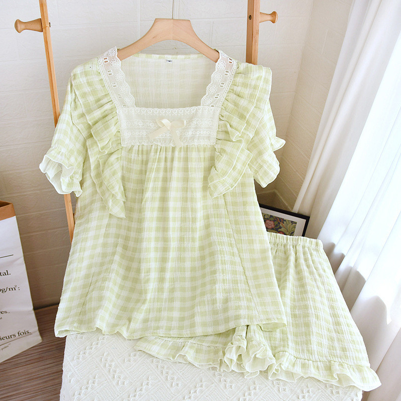 Καρό Σετ Πυτζάμες Χαριτωμένα Πυτζάμες Γυναικείες Μαλακές Πυτζάμες Γυναικεία μόδα κοντομάνικο σορτς Πριγκίπισσα δαντέλα σπίτι μεγάλο μέγεθος