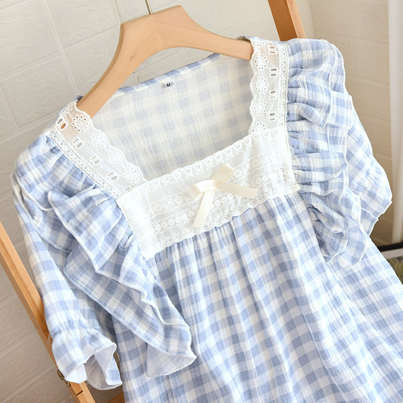 Καρό Σετ Πυτζάμες Χαριτωμένα Πυτζάμες Γυναικείες Μαλακές Πυτζάμες Γυναικεία μόδα κοντομάνικο σορτς Πριγκίπισσα δαντέλα σπίτι μεγάλο μέγεθος