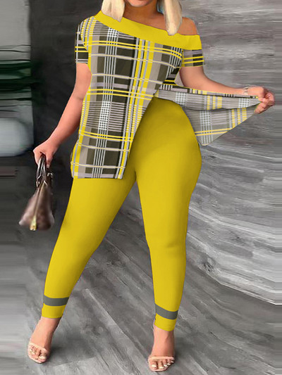 Dvojdielna súprava pre ležérne outfity v plus size veľkostiach, dámska súprava s kockovaným vzorom, mierne elastickým topom a legínami na jedno rameno, dvojdielna súprava