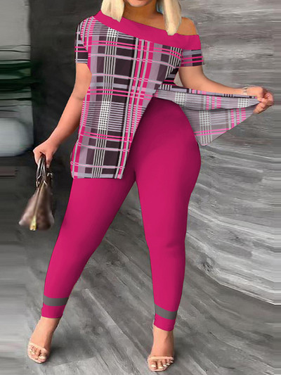 Dvojdielna súprava pre ležérne outfity v plus size veľkostiach, dámska súprava s kockovaným vzorom, mierne elastickým topom a legínami na jedno rameno, dvojdielna súprava