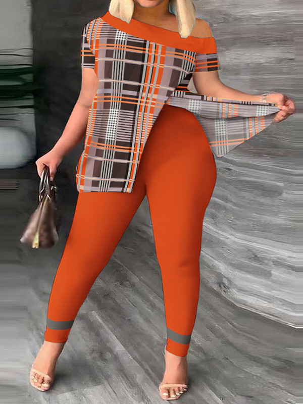 Dvojdielna súprava pre ležérne outfity v plus size veľkostiach, dámska súprava s kockovaným vzorom, mierne elastickým topom a legínami na jedno rameno, dvojdielna súprava