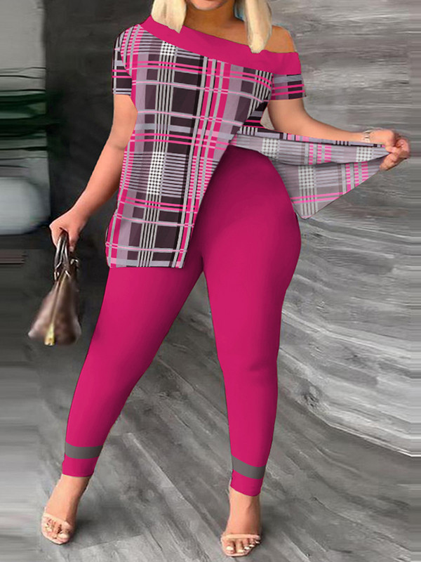 Dvojdielna súprava pre ležérne outfity v plus size veľkostiach, dámska súprava s kockovaným vzorom, mierne elastickým topom a legínami na jedno rameno, dvojdielna súprava