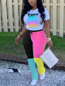 LW Plus Size Γυναικείο σετ δύο τεμαχίων Gradient Letter Σετ παντελόνι με κορδόνι Σετ μπλουζάκι με κοντό μανίκι Τοπ και Σετ παντελόνι με κορδόνι