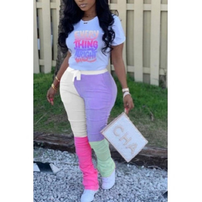 LW Plus Size Γυναικείο σετ δύο τεμαχίων Gradient Letter Σετ παντελόνι με κορδόνι Σετ μπλουζάκι με κοντό μανίκι Τοπ και Σετ παντελόνι με κορδόνι