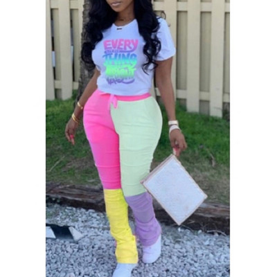 LW Plus Size Γυναικείο σετ δύο τεμαχίων Gradient Letter Σετ παντελόνι με κορδόνι Σετ μπλουζάκι με κοντό μανίκι Τοπ και Σετ παντελόνι με κορδόνι