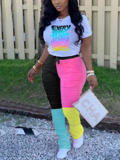 LW Plus Size Γυναικείο σετ δύο τεμαχίων Gradient Letter Σετ παντελόνι με κορδόνι Σετ μπλουζάκι με κοντό μανίκι Τοπ και Σετ παντελόνι με κορδόνι