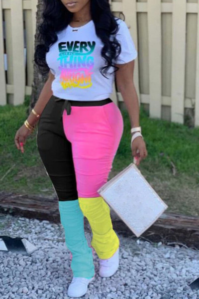 LW Plus Size Γυναικείο σετ δύο τεμαχίων Gradient Letter Σετ παντελόνι με κορδόνι Σετ μπλουζάκι με κοντό μανίκι Τοπ και Σετ παντελόνι με κορδόνι