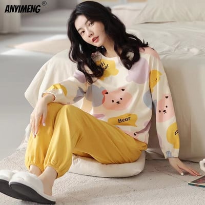 M-5XL suure suurusega sügisene kevadpidžaama komplekt naistele Kawaii trükiga magamisriided tüdrukutele Mood pikkade varrukatega O-kaelusega naiste pidžaamad