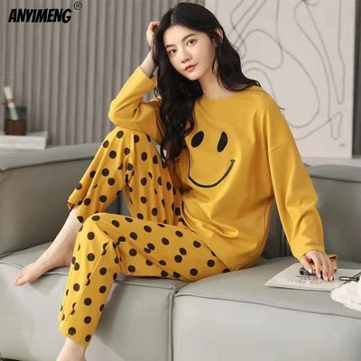 M-5XL suure suurusega sügisene kevadpidžaama komplekt naistele Kawaii trükiga magamisriided tüdrukutele Mood pikkade varrukatega O-kaelusega naiste pidžaamad