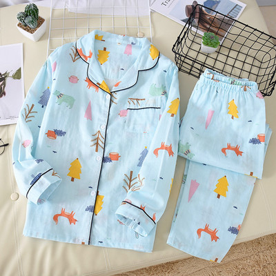 Set pijamale de vară și primăvară pentru doamnă, desene subțiri, 100% tifon, bumbac, guler răsturnat, pantaloni cu mâneci lungi, îmbrăcăminte de uz casnic