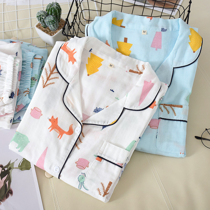 Set pijamale de vară și primăvară pentru doamnă, desene subțiri, 100% tifon, bumbac, guler răsturnat, pantaloni cu mâneci lungi, îmbrăcăminte de uz casnic