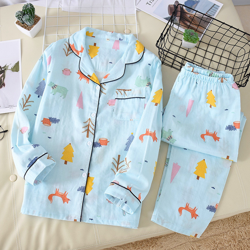 Set pijamale de vară și primăvară pentru doamnă, desene subțiri, 100% tifon, bumbac, guler răsturnat, pantaloni cu mâneci lungi, îmbrăcăminte de uz casnic