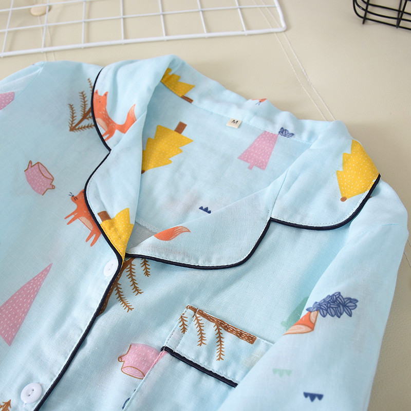 Set pijamale de vară și primăvară pentru doamnă, desene subțiri, 100% tifon, bumbac, guler răsturnat, pantaloni cu mâneci lungi, îmbrăcăminte de uz casnic