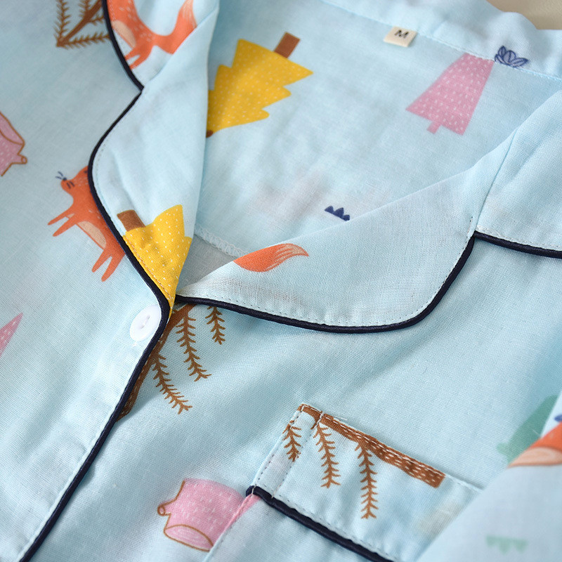 Set pijamale de vară și primăvară pentru doamnă, desene subțiri, 100% tifon, bumbac, guler răsturnat, pantaloni cu mâneci lungi, îmbrăcăminte de uz casnic