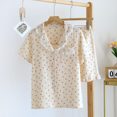 Καλοκαίρι/Φθινόπωρο Strawberry Print Γυναικείες πιτζάμες βαμβακερές κρεπ κοντομάνικο σορτς κοστούμια πέτο Χαριτωμένα χαλαρά άνετα ρούχα για το σπίτι