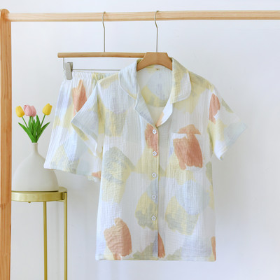 Καλοκαίρι/Φθινόπωρο Strawberry Print Γυναικείες πιτζάμες βαμβακερές κρεπ κοντομάνικο σορτς κοστούμια πέτο Χαριτωμένα χαλαρά άνετα ρούχα για το σπίτι