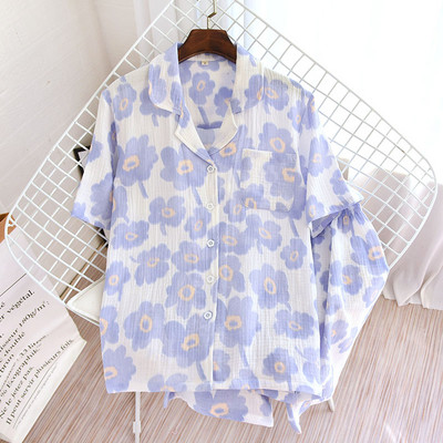 Καλοκαίρι/Φθινόπωρο Strawberry Print Γυναικείες πιτζάμες βαμβακερές κρεπ κοντομάνικο σορτς κοστούμια πέτο Χαριτωμένα χαλαρά άνετα ρούχα για το σπίτι