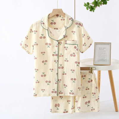Καλοκαίρι/Φθινόπωρο Strawberry Print Γυναικείες πιτζάμες βαμβακερές κρεπ κοντομάνικο σορτς κοστούμια πέτο Χαριτωμένα χαλαρά άνετα ρούχα για το σπίτι