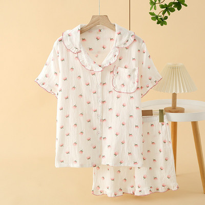 Καλοκαίρι/Φθινόπωρο Strawberry Print Γυναικείες πιτζάμες βαμβακερές κρεπ κοντομάνικο σορτς κοστούμια πέτο Χαριτωμένα χαλαρά άνετα ρούχα για το σπίτι