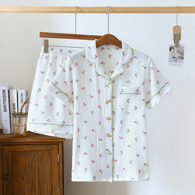 Καλοκαίρι/Φθινόπωρο Strawberry Print Γυναικείες πιτζάμες βαμβακερές κρεπ κοντομάνικο σορτς κοστούμια πέτο Χαριτωμένα χαλαρά άνετα ρούχα για το σπίτι
