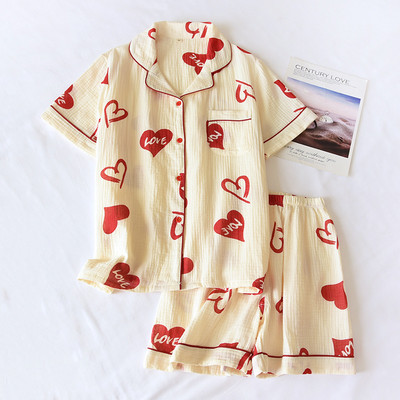 Καλοκαίρι/Φθινόπωρο Strawberry Print Γυναικείες πιτζάμες βαμβακερές κρεπ κοντομάνικο σορτς κοστούμια πέτο Χαριτωμένα χαλαρά άνετα ρούχα για το σπίτι