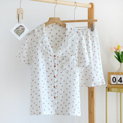 Καλοκαίρι/Φθινόπωρο Strawberry Print Γυναικείες πιτζάμες βαμβακερές κρεπ κοντομάνικο σορτς κοστούμια πέτο Χαριτωμένα χαλαρά άνετα ρούχα για το σπίτι