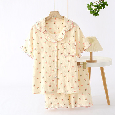 Καλοκαίρι/Φθινόπωρο Strawberry Print Γυναικείες πιτζάμες βαμβακερές κρεπ κοντομάνικο σορτς κοστούμια πέτο Χαριτωμένα χαλαρά άνετα ρούχα για το σπίτι