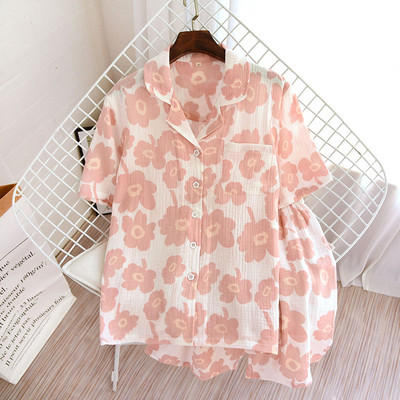 Καλοκαίρι/Φθινόπωρο Strawberry Print Γυναικείες πιτζάμες βαμβακερές κρεπ κοντομάνικο σορτς κοστούμια πέτο Χαριτωμένα χαλαρά άνετα ρούχα για το σπίτι