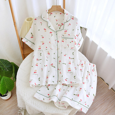 Καλοκαίρι/Φθινόπωρο Strawberry Print Γυναικείες πιτζάμες βαμβακερές κρεπ κοντομάνικο σορτς κοστούμια πέτο Χαριτωμένα χαλαρά άνετα ρούχα για το σπίτι
